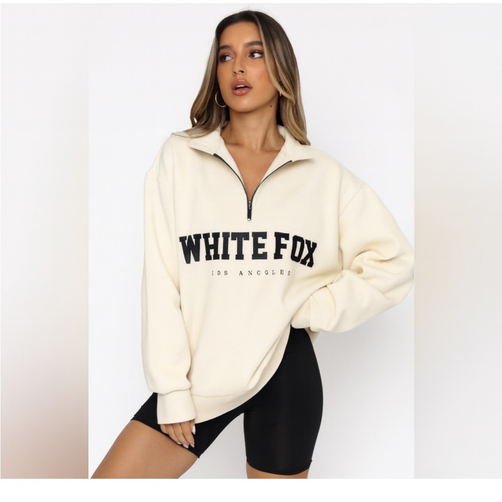 White Fox Boutique Cream Zip-Up Oversized Sweatshirt with Black Logo